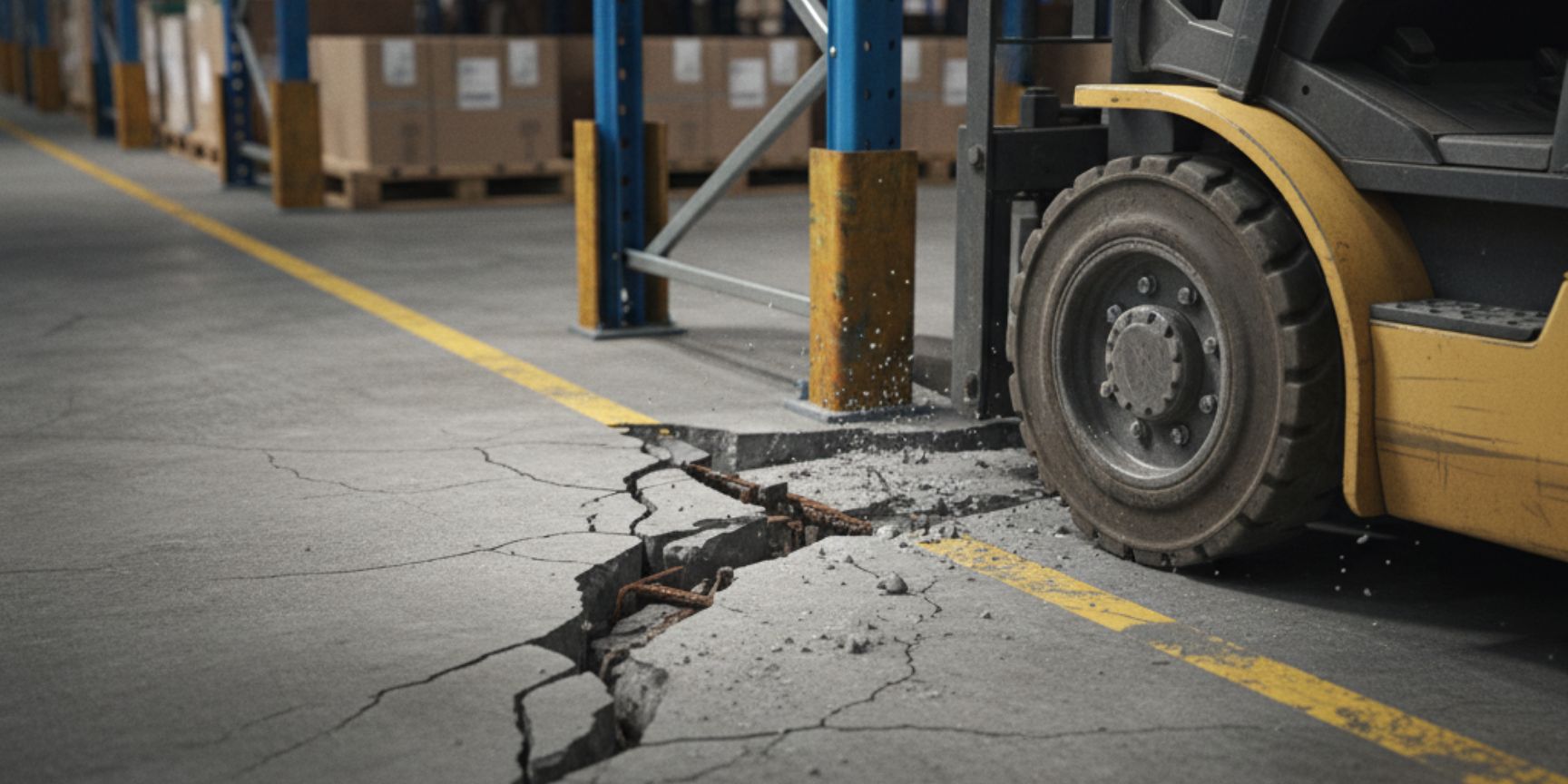 Close-up of a badly damaged concrete floor in a warehouse. A large crack with exposed rebar runs through the floor, right next to a forklift and the foot of a heavy-duty rack. A warning sign 